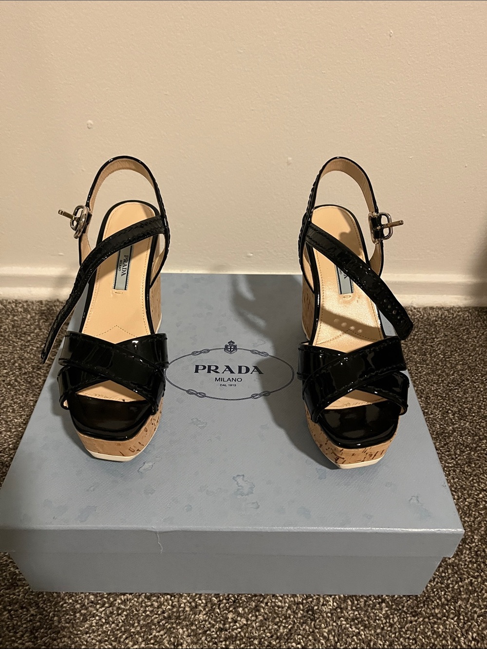 Prada Black Patent Leather Cork Platform Sandals
